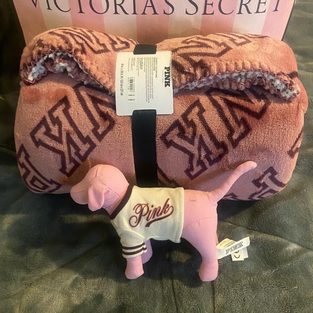 Victoria's Secret Pink Blanket and Plush Dog Set - Pink and Purple